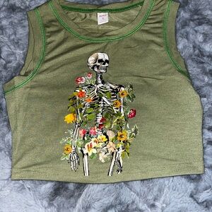 Green crop tank with floral skeleton print, from Shein, never worn, size small